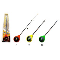 Taliridva komplekt AKARA koos tamiili, nooguti ja konksuga (fiberglass whip 17 cm, reel diam. 43 mm, kollane)